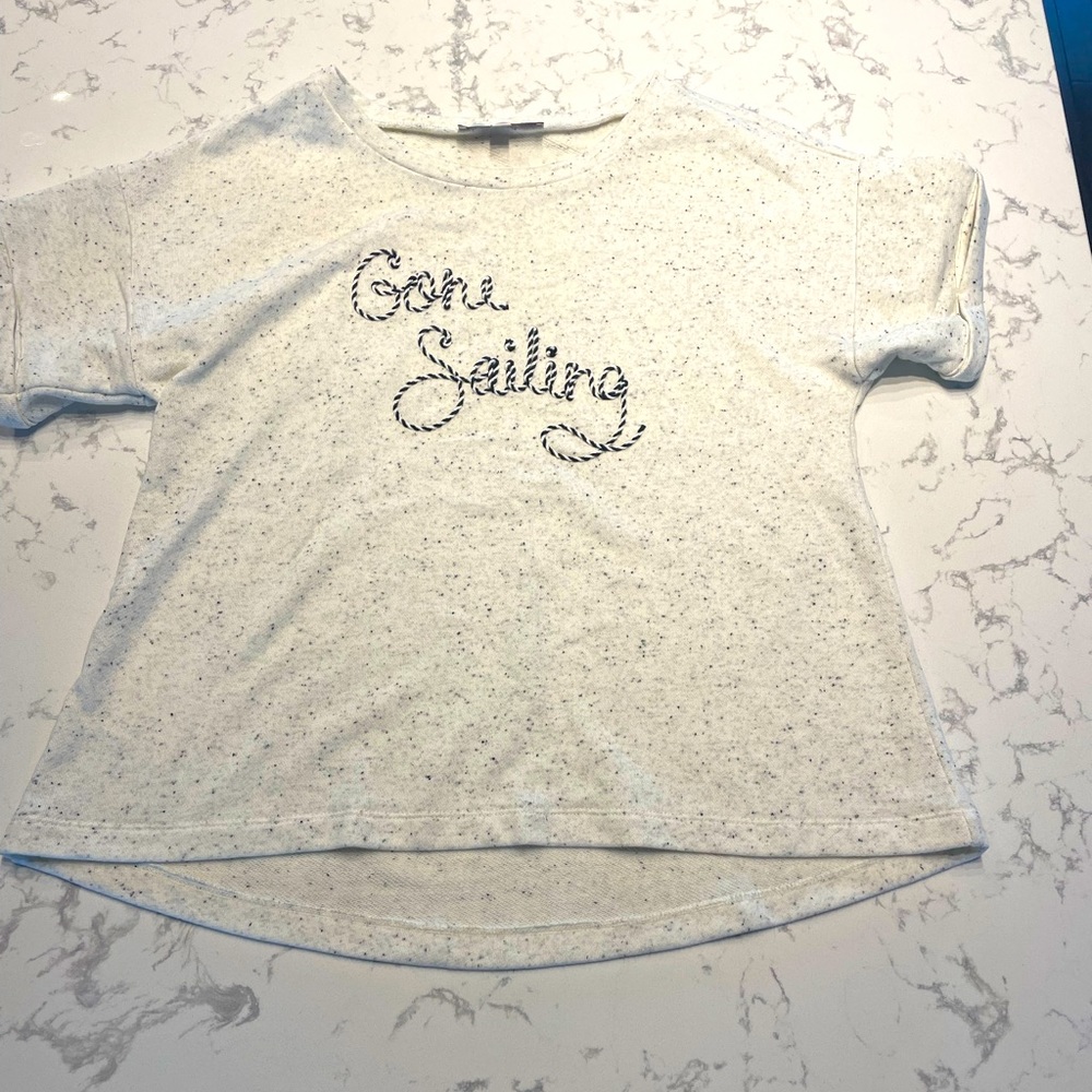 Ann Taylor Loft “Gone Sailing” sweatshirt material top, large, white and navy